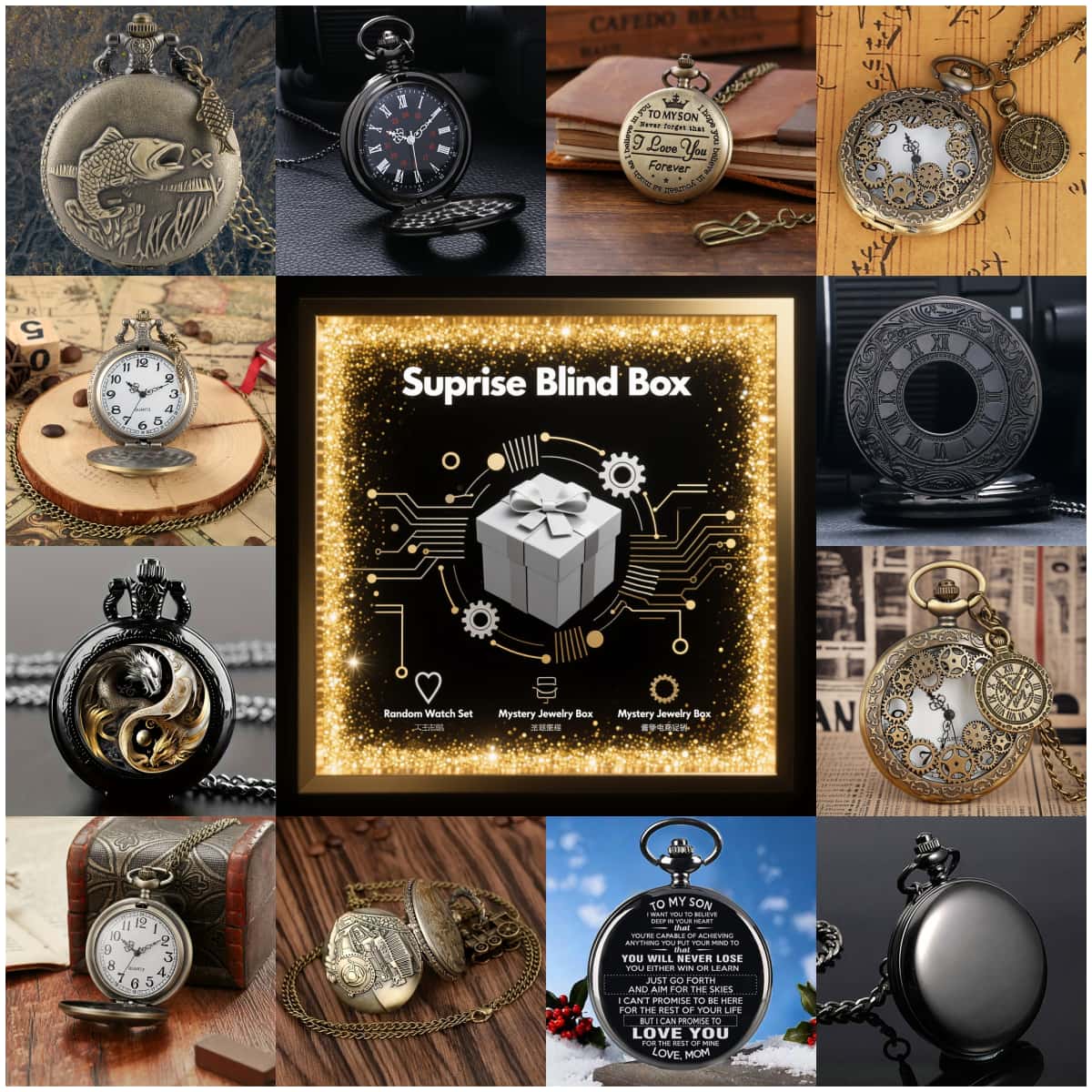 Fashion Mens Watches - นาฬิกาพกควอตซ์วินเทจสุ่มแบบ 1 ชิ้น กล่องของขวัญเซอร์ไพรส์ลึกลับ สำหรับผู้ชายและผู้หญิง