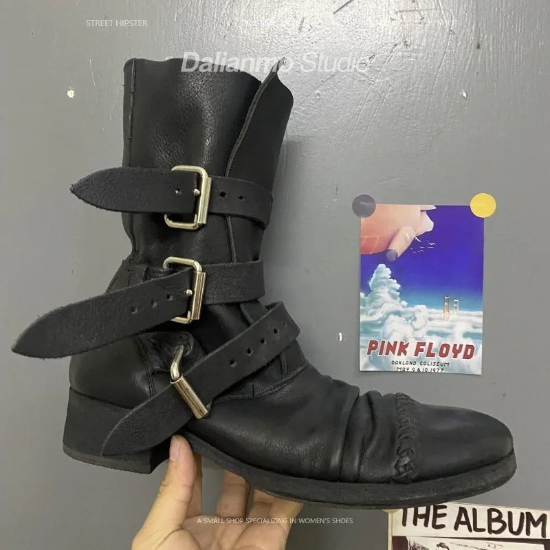 Men Fashion Vintage - รองเท้าบูทหนังแท้สไตล์วินเทจสำหรับผู้ชายและผู้หญิง แบบมีสายรัดหัวเข็มขัด ส้นหนา ทรงคาวบอยตะวันตก แบบย่น