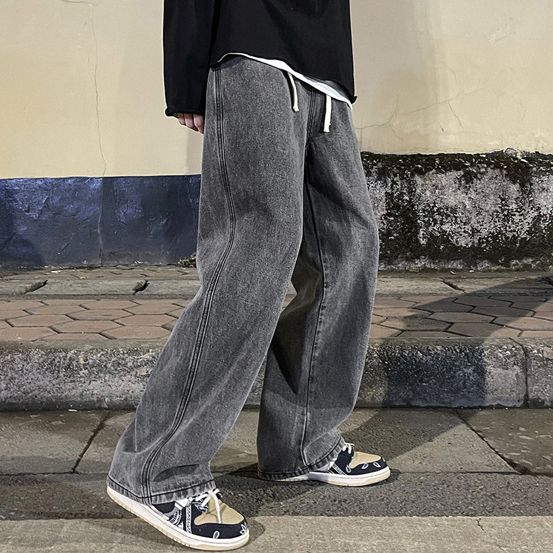 Men'S Fashion Grey Jeans - เกาหลีแฟชั่นผู้ชาย Baggy กางเกงยีนส์เอวยางยืดคลาสสิก olid สีขาตรงกางเกงยีนส์กางเกงขากว้างชายสีฟ้าสีเทาสีดํา