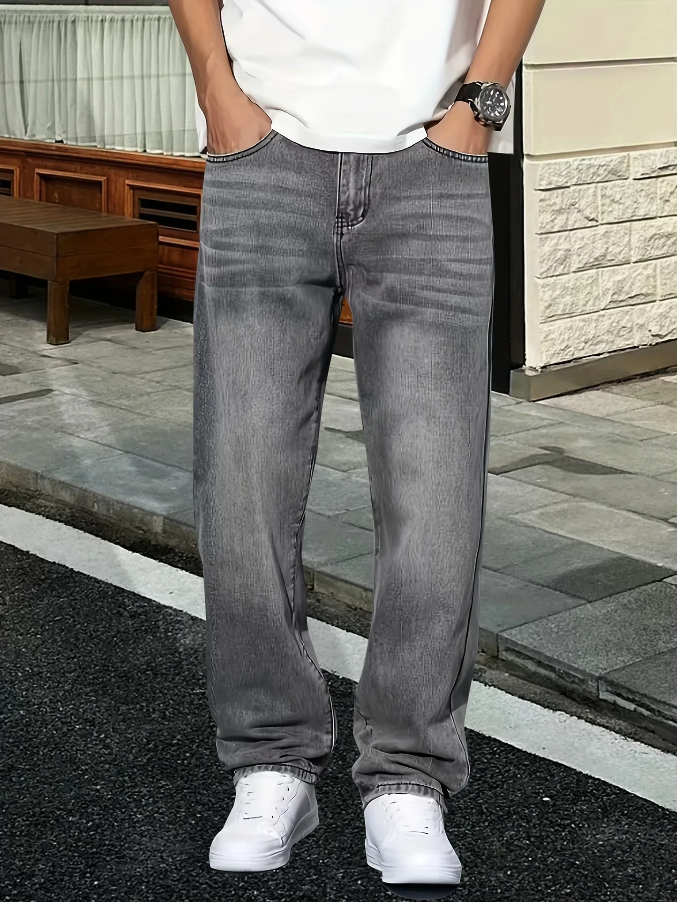 Men'S Fashion Grey Jeans - กางเกงยีนส์สีเทาแฟชั่นสำหรับผู้ชาย ใส่สบายทุกฤดูกาล ผ้าไม่ยืด สีพื้น ยีนส์ลำลอง