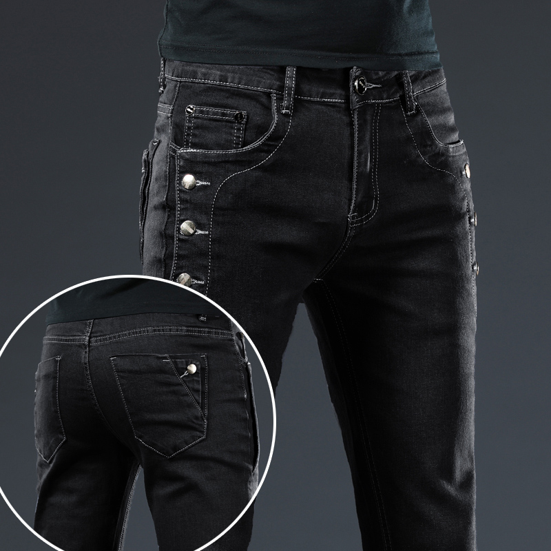 Men'S Fashion Grey Jeans - กางเกงยีนส์รัดรูปสีดำเทาผู้ชายใหม่2024กางเกงยีนส์แฟชั่นวินเทจสไตล์เกาหลีสีทึบยืดได้หลายกระดุม