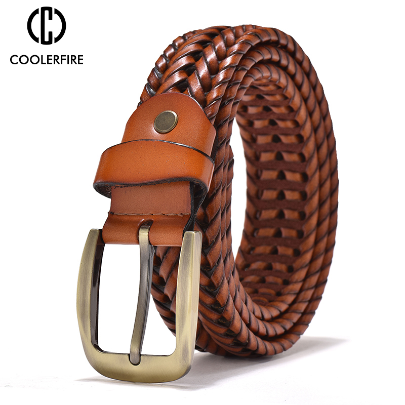 Leather Belt Braided - เข็มขัดหนังแท้ถักแบบวินเทจคุณภาพสูงสำหรับผู้ชาย หัวเข็มขัดทอง สายคาดลำลองสำหรับกางเกงยีนส์ รุ่น HQ212
