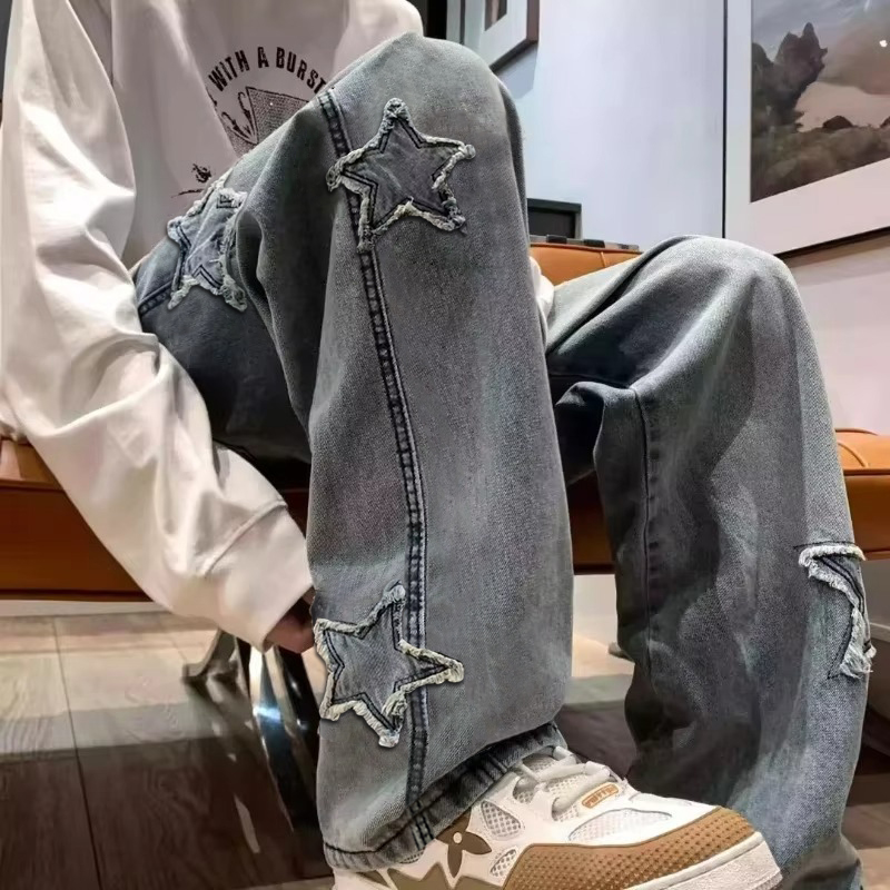 Men'S Fashion With Baggy Jeans - ผู้ชายใหม่ปักแฟชั่นกางเกงยีนส์ Y2K Streetwear Hip Hop Oversize