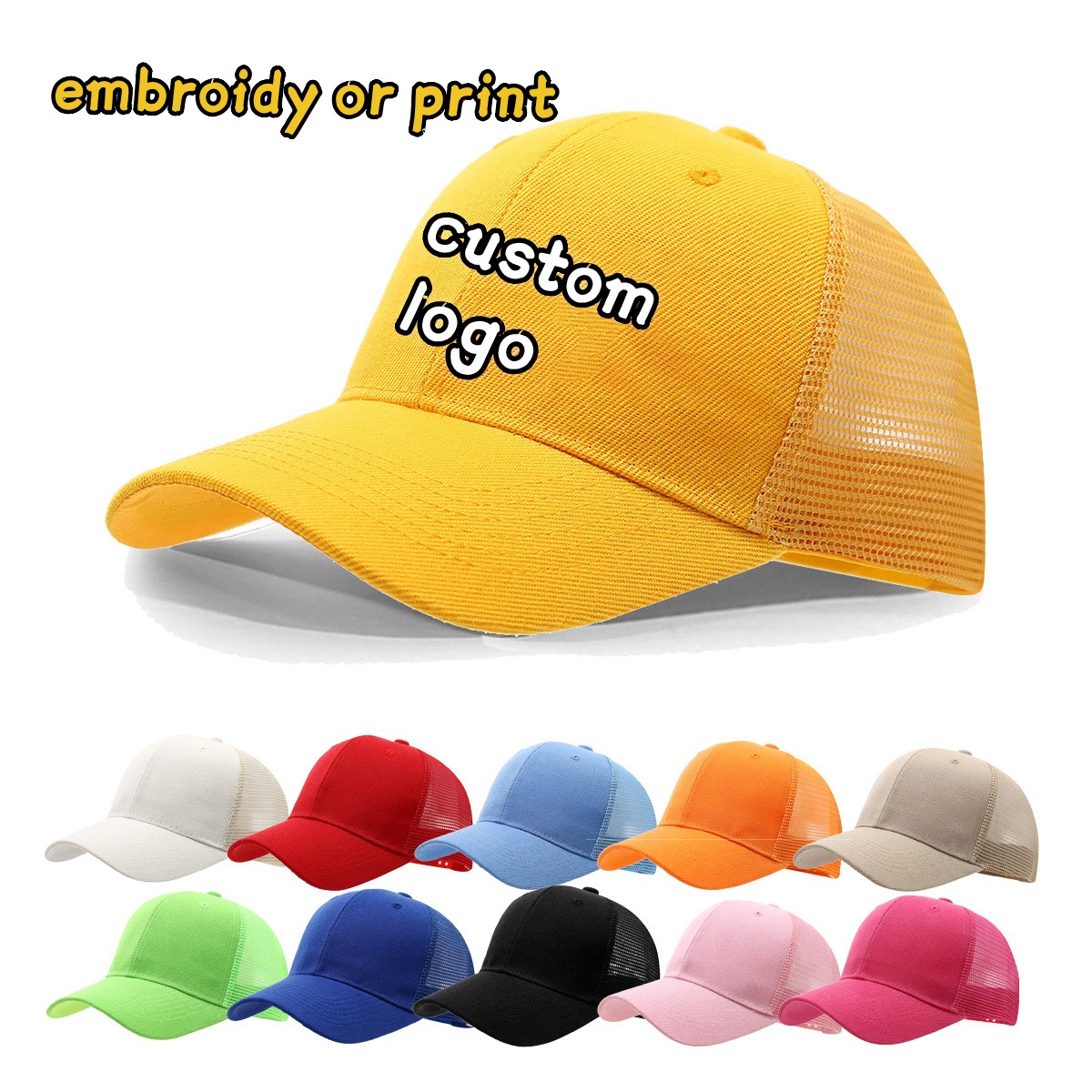 Trucker Hat Cap - หมวกแก๊ปปักโลโก้ตามสั่ง พิมพ์ลาย สีพื้น ผ้าตาข่าย สำหรับฤดูร้อน เหมาะสำหรับผู้ชายและผู้หญิง