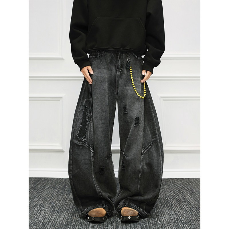 Men'S Fashion Grey Jeans - กางเกงยีนส์ทรงหลวมสไตล์อเมริกันวินเทจแฟชั่นใหม่สีดำเทาสำหรับผู้ชาย เสื้อผ้าลำลองเทรนดี้