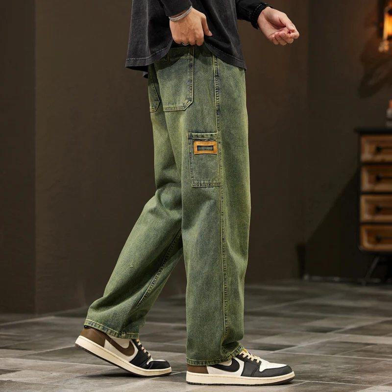 Men'S Fashion With Baggy Jeans - กางเกงยีนส์ผู้ชายกางเกงขากว้างสำหรับฤดูใบไม้ผลิทรงตรงเข้ารูปสีฟ้าสีเขียวชุดแนวสตรีทกางเกงยีนส์มีกระเป๋าแฟชั่นเสื้อผ้าวินเทจของผู้ชาย