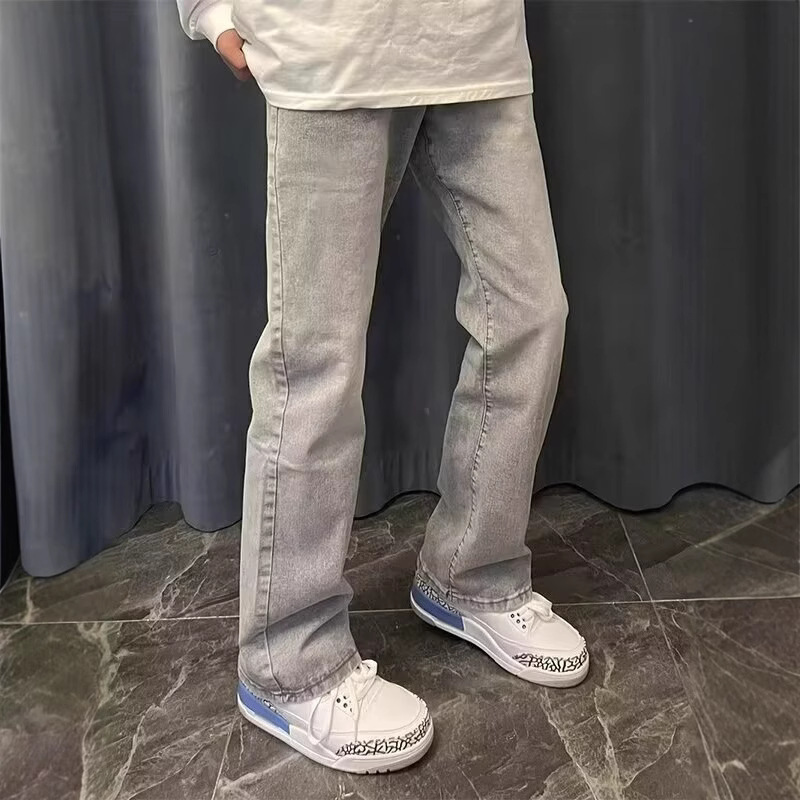 Men'S Fashion Grey Jeans - กางเกงยีนส์ทรงตรงขาบาน สไตล์วินเทจอเมริกัน แฟชั่นใหม่ สีเทาล้วน เรียบง่าย สบายๆ