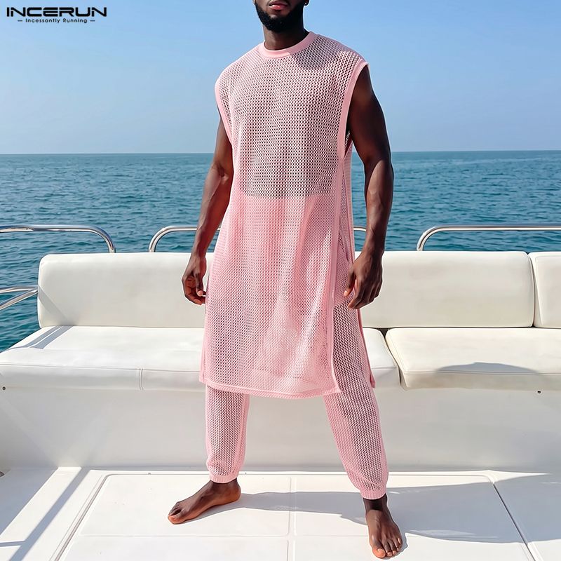 Men'S Fashion Pants - ชุดเซ็ตผู้ชาย INCERUN เสื้อกั๊กตาข่ายซีทรูแขนกุดทรงไม่สมมาตรพร้อมกางเกง ชุดสองชิ้น สตรีทแวร์เซ็กซี่ แฟชั่นปี
