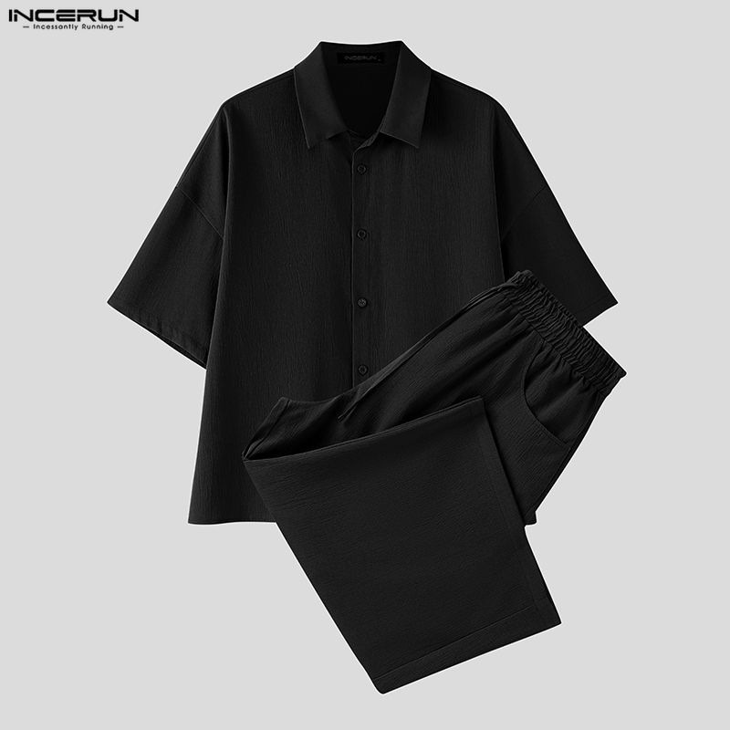 Men'S Fashion Pants - INCERUN ชุดเซ็ตผู้ชาย เสื้อเชิ้ตแขนสั้นปกเรียบ กางเกงขายาว ชุดสองชิ้น สตรีทแวร์