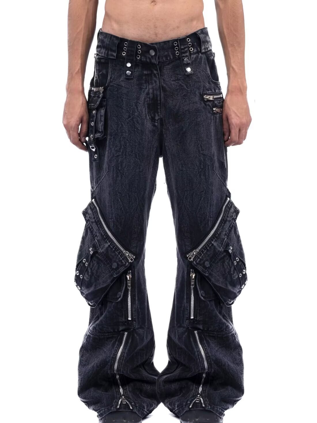 Men'S Fashion With Baggy Jeans - กางเกงยีนส์สีดำสไตล์ Y2K โกธิค พังก์ หลายกระเป๋า ซิป