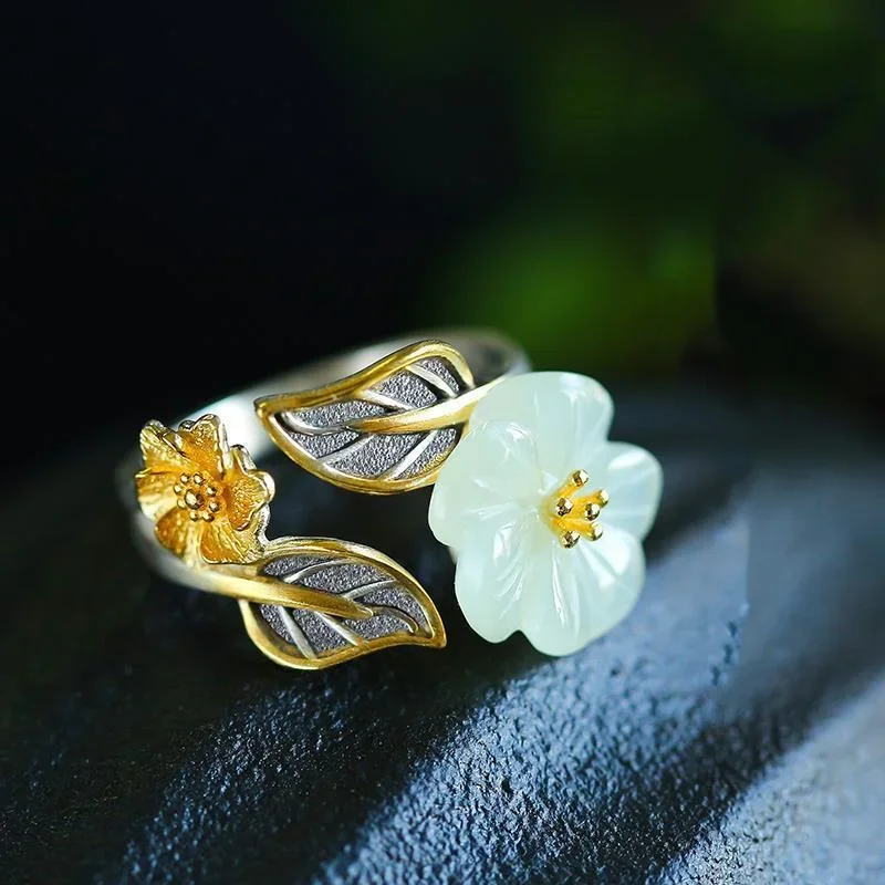 Men'S Fashion Rings - 925 เงินสีขาวHetianหยกดอกไม้แหวนเครื่องประดับZircon CharmของขวัญคริสตัลAmuletผู้ชายผู้หญิงChalcedonyแฟชั่น