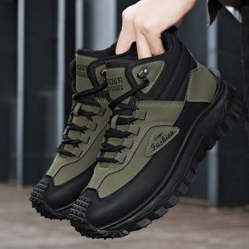 Men'S Fashion Hiking Boots - รองเท้าบูทเดินป่าหุ้มข้อกลางสีดำขาวสำหรับผู้ชาย รองเท้าผ้าใบหนังกันน้ำ พื้นหนา กันลื่น เหมาะสำหรับกิจกรรมกลางแจ้ง พื้นรองเท้าทนทาน