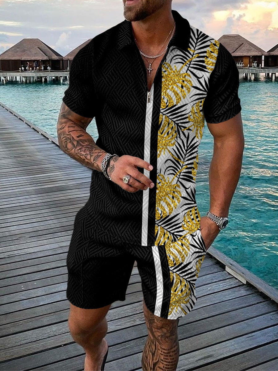 Men'S Fashion Polo - ชุดเซ็ตผู้ชายลายต้นมะพร้าวฮาวาย เสื้อโปโลซิปแขนสั้นแฟชั่น + กางเกงขาสั้น ชุดเที่ยวทะเลฤดูร้อน เสื้อยืดโอเวอร์ไซส์