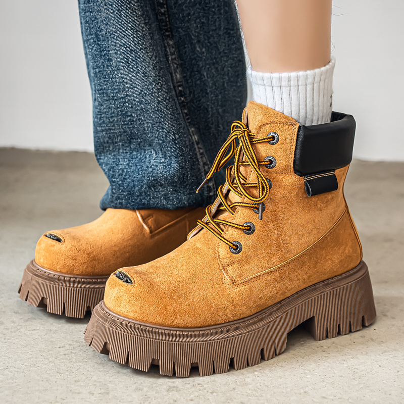 Mens Fashion Modern - รองเท้าบูทหุ้มข้อสูงแบบคลาสสิก รองเท้าบูทหนังลำลองสำหรับผู้ชาย รองเท้าบูททำงานแบบมีพื้นหนา รองเท้าบูทหัวกว้าง รองเท้าบูทขี่มอเตอร์ไซค์ รองเท้าผ้าใบ