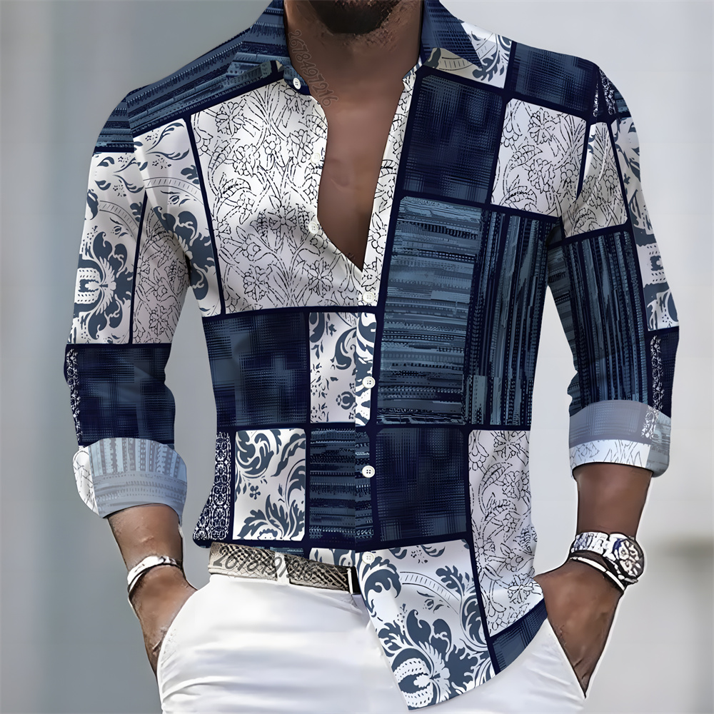Men'S Fashion Trends - เสื้อเชิ้ตแขนยาวพิมพ์ลายบล็อกสีสไตล์หรูหราสำหรับผู้ชาย เสื้อเชิ้ตแฟชั่นทรงหลวมแบบลำลองสำหรับธุรกิจ