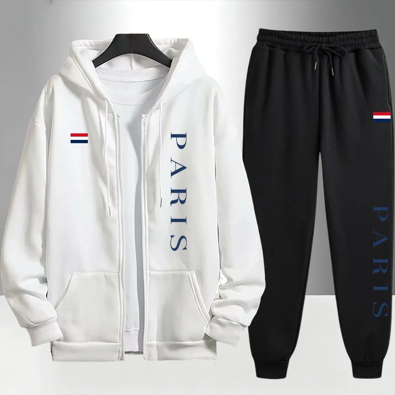 Men'S Fashion Outfits 2026 - ชุดฮู้ดดี้พิมพ์ลายปารีสปี 2026 พร้อมซิปและกางเกงวอร์มสีดำสำหรับผู้ชาย ชุดลำลองสำหรับกีฬาและวิ่งจ๊อกกิ้งในชีวิตประจำวัน แฟชั่นฤดูใบไม้ร่วงและฤดูหนาว