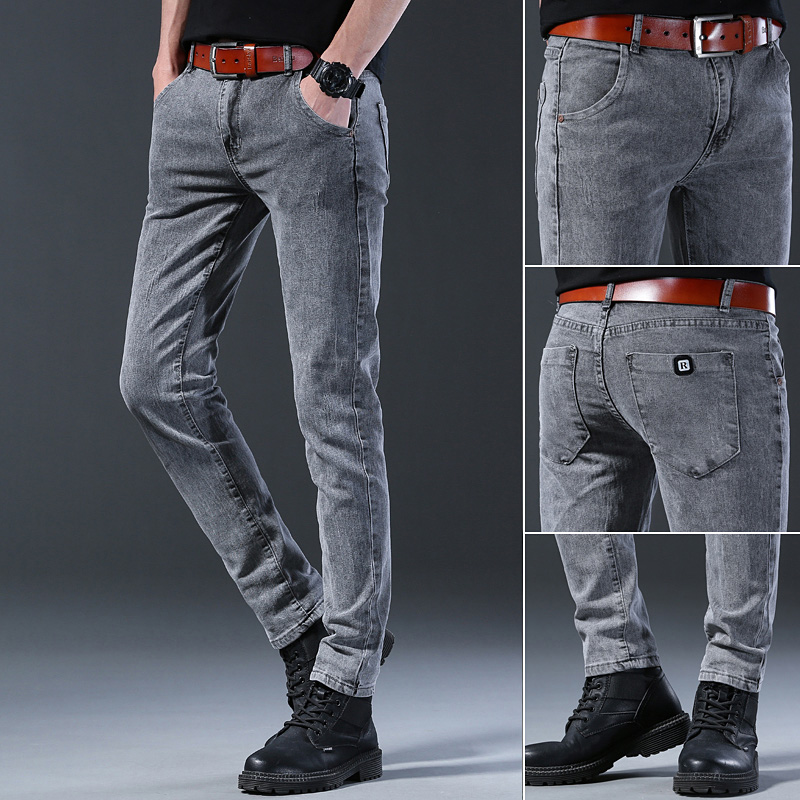 Men'S Fashion Grey Jeans - กางเกงยีนส์สีเทาผ้ายืดทรงสลิมสำหรับผู้ชาย แฟชั่นสบาย ระบายอากาศได้ดี สไตล์ยุโรปอเมริกัน ทรงขาเล็ก