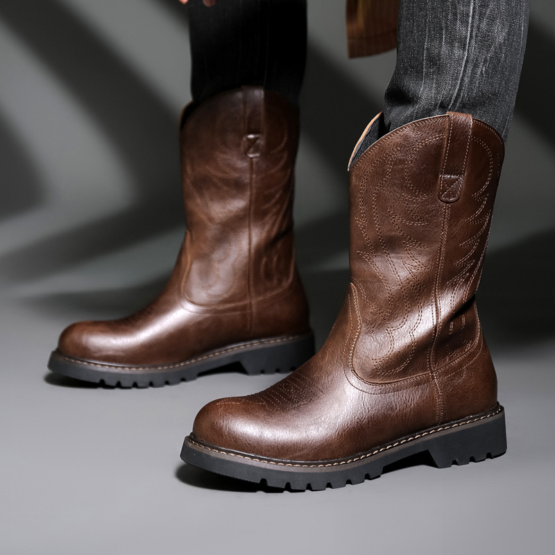 Men Fashion Vintage - รองเท้าบูทคาวบอยผู้ชายแฟชั่น รองเท้าบูทอัศวินปักลายวินเทจ รองเท้าบูทหิมะผู้ชายสำหรับฤดูหนาว รองเท้าบูทมอเตอร์ไซค์ รองเท้าผู้ชาย รองเท้าผู้หญิง
