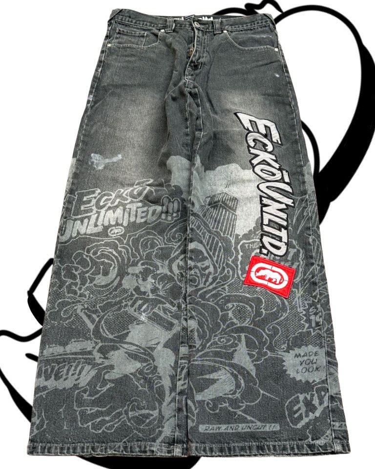 Men'S Fashion Grey Jeans - กางเกงยีนส์พิมพ์ลายแฟชั่นอเมริกัน ฮิปฮอป ทรงแบ็กกี้ ขากว้าง สีเทา ทรงตรง