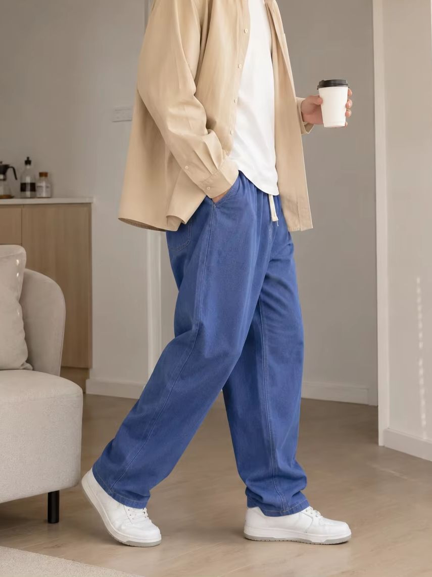 Men'S Fashion Grey Jeans - กางเกงยีนส์ลำลองทรงหลวมสำหรับผู้ชาย ขาตรง สไตล์สตรีทแวร์ ล้างสี สำหรับฤดูใบไม้ร่วงและฤดูหนาว มีเชือกผูกเอว