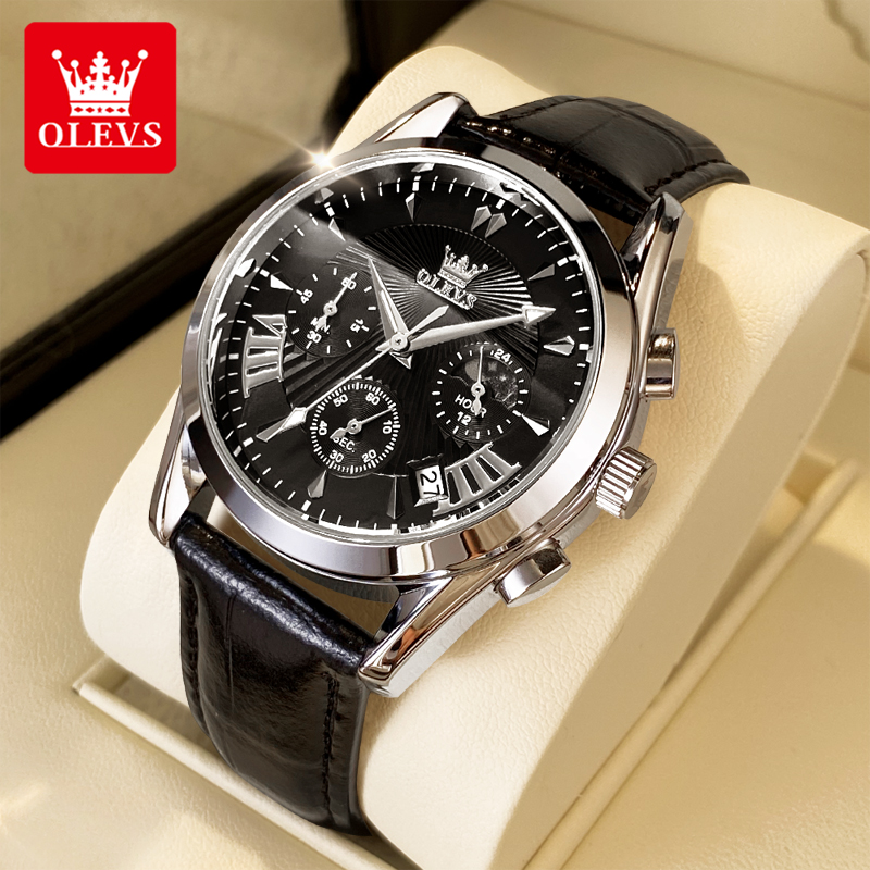 Fashion Mens Watches - นาฬิกาข้อมือผู้ชาย OLEVS แฟชั่นลำลอง ดีไซน์จับเวลา แสดงข้างขึ้นข้างแรม กันน้ำ