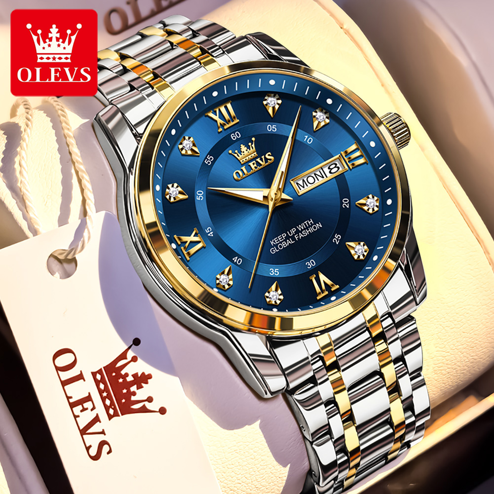 Fashion Mens Watches - OLEVS แบรนด์นาฬิกาแฟชั่นผู้ชายสแตนเลสกันน้ำนาฬิกาข้อมือควอตซ์ส่องสว่างนาฬิกาต้นฉบับสำหรับผู้ชายปฏิทินคู่