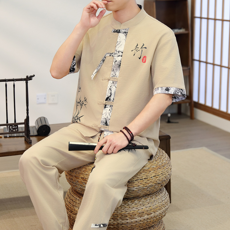 Men'S Fashion Pants - ชุดลำลองผู้ชายสไตล์จีน ฤดูใบไม้ผลิ 2026 เสื้อ+กางเกง ฤดูร้อน ผ้าฝ้าย