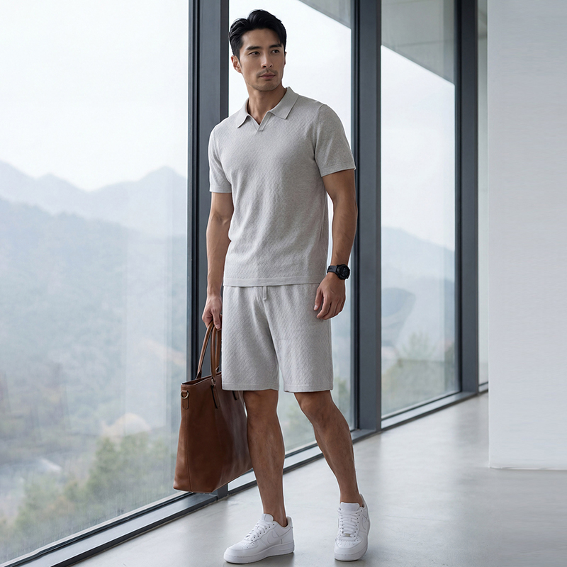 Men'S Fashion Polo - ชุดสูทผู้ชายระดับไฮเอนด์สำหรับฤดูใบไม้ผลิและฤดูร้อน เสื้อโปโลไหมมัลเบอร์รี่ถัก เสื้อยืด กางเกงขาสั้นลำลองแฟชั่น ชุดสองชิ้นสำหรับผู้ชาย