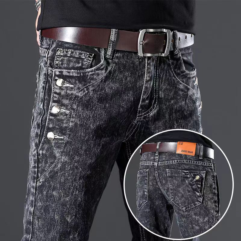 Men'S Fashion Grey Jeans - คลาสสิก Slim Vintage แฟชั่นผู้ชายกางเกงยีนส์เกล็ดหิมะสีเทาล้างเกาหลีแฟชั่นยืดกางเกง Multi -