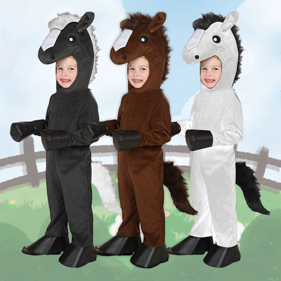 Mens Fashion Jumpsuit - หน้ากากม้าสีน้ำตาล ดำ ขาว ตลกๆ สำหรับเด็กวัยหัดเดิน ชุดคอสเพลย์ม้า