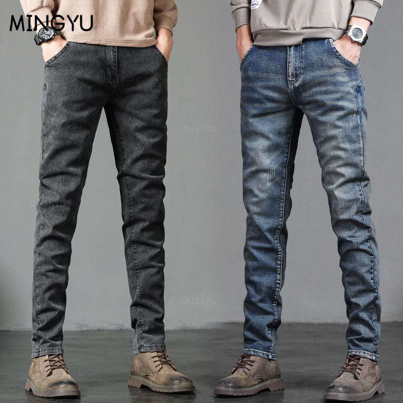 Men'S Fashion Grey Jeans - ฤดูใบไม้ร่วงฤดูหนาวผ้าฝ้ายผู้ชายแฟชั่นคลาสสิกสีเทากางเกงยีนส์ Casual Slim Skinny Vintage Blue