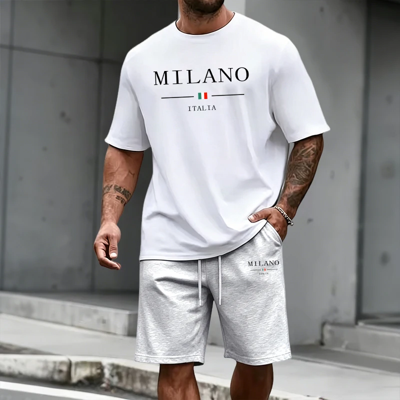 Men'S Fashion Outfits 2026 - ชุดวอร์มผู้ชาย เสื้อแขนสั้นและกางเกงกีฬาขาสั้น แฟชั่นอิตาลี ฤดูร้อน 2026 เสื้อยืด