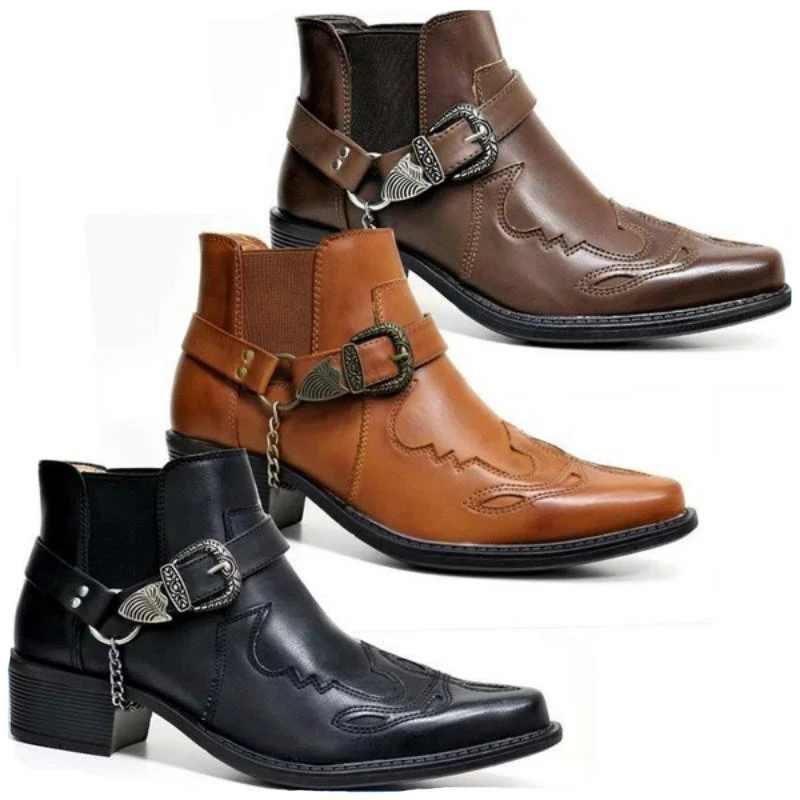 Men Fashion Vintage - รองเท้าบูทคาวบอยวินเทจหนังแท้ทรงสูงประดับโซ่และหัวเข็มขัดสไตล์พังก์สำหรับผู้ชาย แฟชั่นปี 2026 รองเท้าบูทข้อเท้าทรงแหลมสำหรับนักขี่มอเตอร์ไซค์