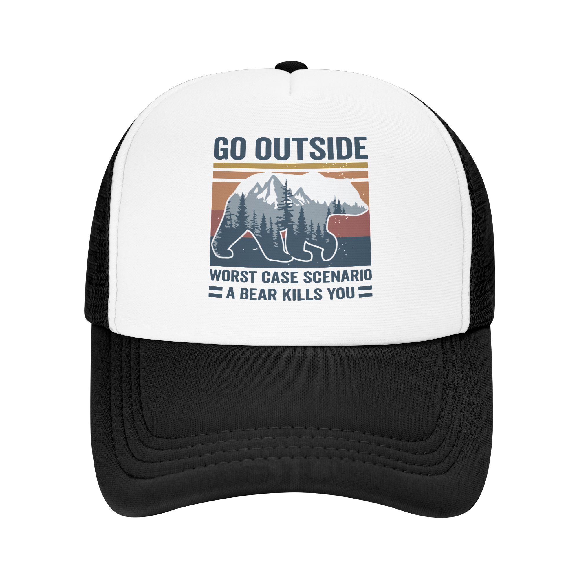 Trucker Hat Cap - ไปข้างนอก สถานการณ์ที่เลวร้ายที่สุด หมีฆ่าคุณ หมวกคนขับรถบรรทุก หมวกปรับขนาดได้สำหรับผู้ใหญ่ หมวกเบสบอลสำหรับการผจญภัย