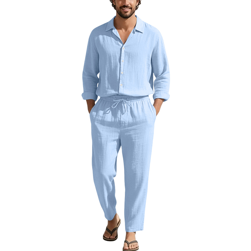 Men'S Fashion Pants - ชุดลำลองผ้าลินินสำหรับฤดูใบไม้ผลิและฤดูร้อน เสื้อแขนยาวทรงหลวม+กางเกงขายาว สีพื้น ระบายอากาศได้ดี ปกคอเสื้อพับได้ ชุดแฟชั่น