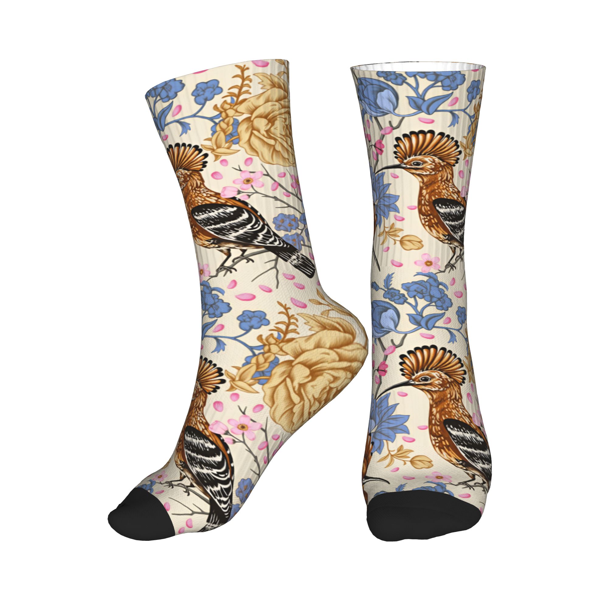 Men Fashion Vintage - Hoopoe Bird Blue Peony ถุงเท้าลายดอกไม้วินเทจ ถุงเท้าแฟชั่นสำหรับผู้ชายและผู้หญิง
