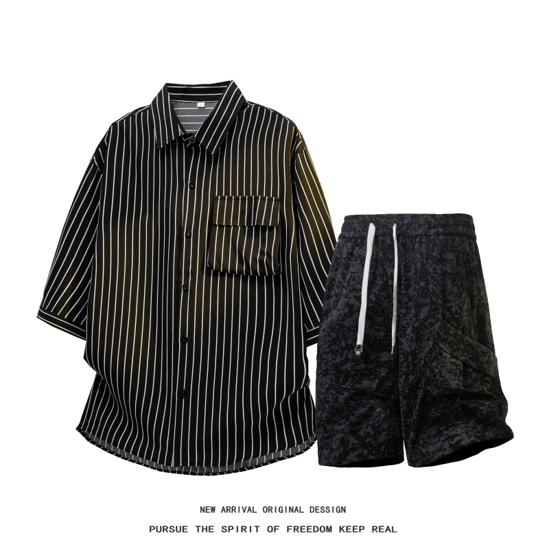 Men'S Fashion Pants - 【เสื้อ+กางเกงขาสั้น】ชุดเสื้อเชิ้ตผู้ชายแฟชั่นฤดูร้อนเสื้อเชิ้ตลายทางผ้าไหมน้ำแข็งกางเกง 5 จุดแบบมัดย้อมชุดลำลอง 2 ชิ้นสำหรับพักผ่อนทุกวัน